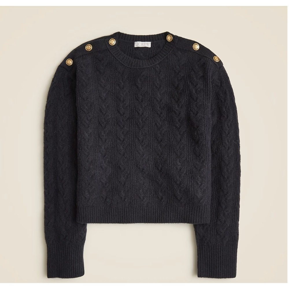 NWT J.Crew Sweater Women Large Black Cable Knit Shoulder Button‎ Supersoft Yarn